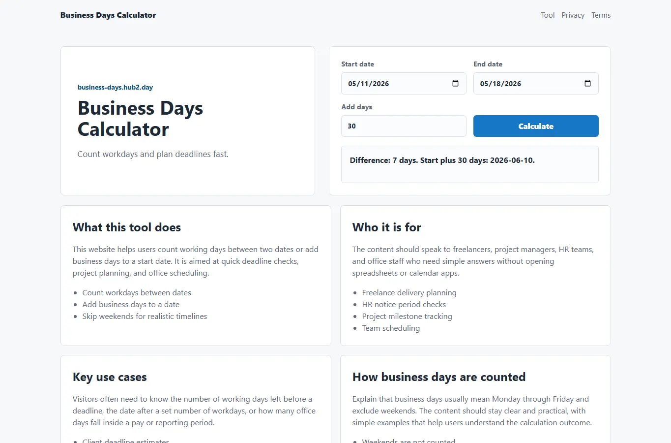 Screenshot of Business Days Calculator interface showing the project page in use